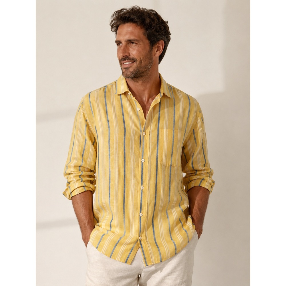 J.McLaughlin Mens Yellow Blue Striped Linen Button‎ Down Shirt Size M
